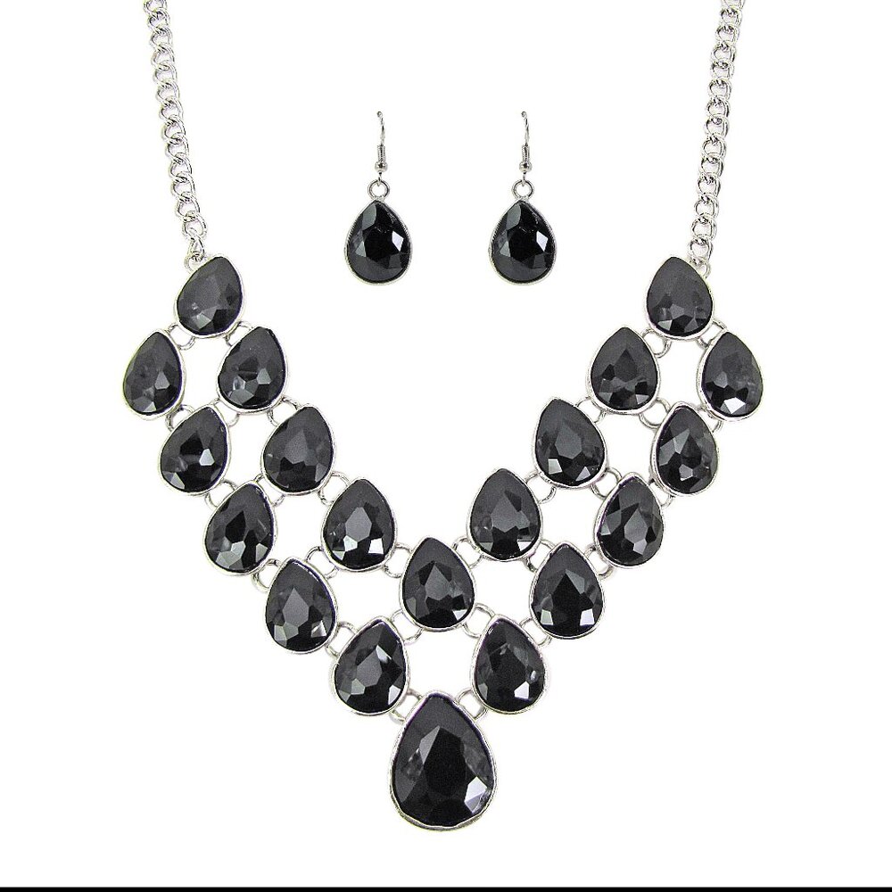 Black large teardrop crystal statement necklace and earring set V neck design